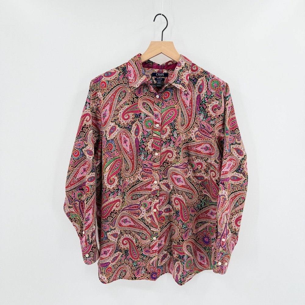 Chaps No Iron Womens 1X Retro Paisley Button Up Shirt Boho Preppy Eclectic